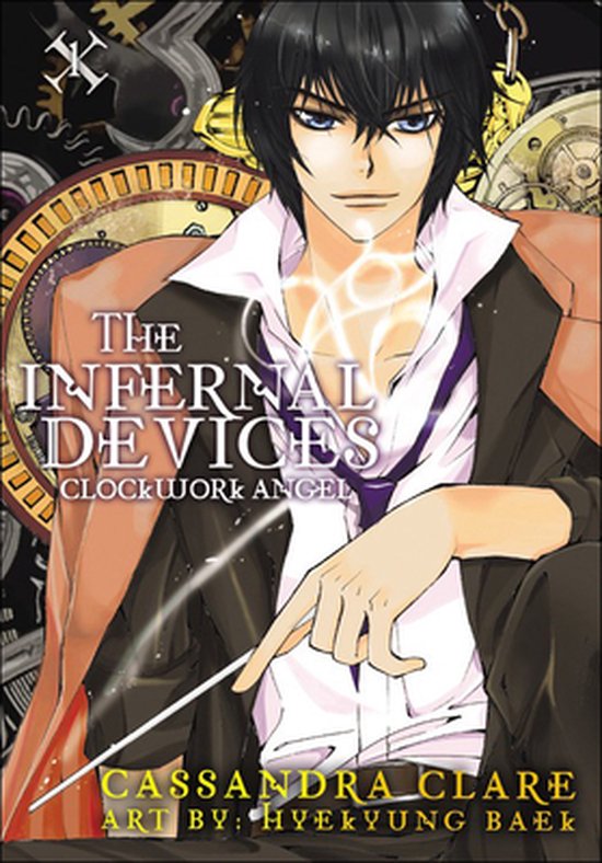 Boekomslag van The Infernal Devices 1: Clockwork Angel van Cassandra Clare, met een afbeelding van een man met zwart haar en een bruine jas.