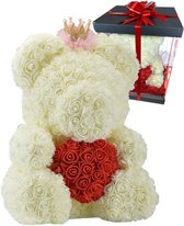 Rozen beer met Kroon Wit met Rood Hart 40 cm + Luxe Giftbox met mooie Strik | Rozenbeer liefdes Teddybeer XXL voor jou geliefde met gift box! | Rose Bear Knuffelbeer |  Groot I Lov