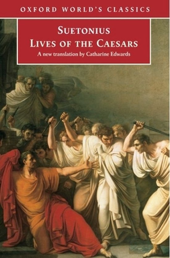 Boek: Suetonius, Levens van de Caesars. De cover toont een schilderij van Romeinse soldaten die vechten.