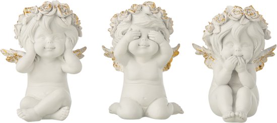 J-Line Engel Horen/Zien/Zwijgen Poly Wit/Goud Medium Assortiment Van 3