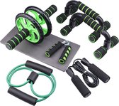 ARISENN - Alles 6 in 1 fitness set l Ab roller | Buikspiertrainer | Stretchband | Trainingswiel | Opdruksteunen | Push-up bars | Springtouw | Fitnessmat | Yogamat |