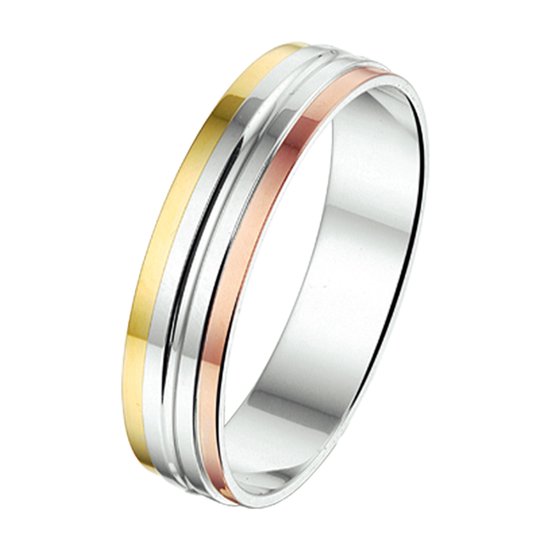 Zilveren ring met gouden en roségouden accenten en groeven.