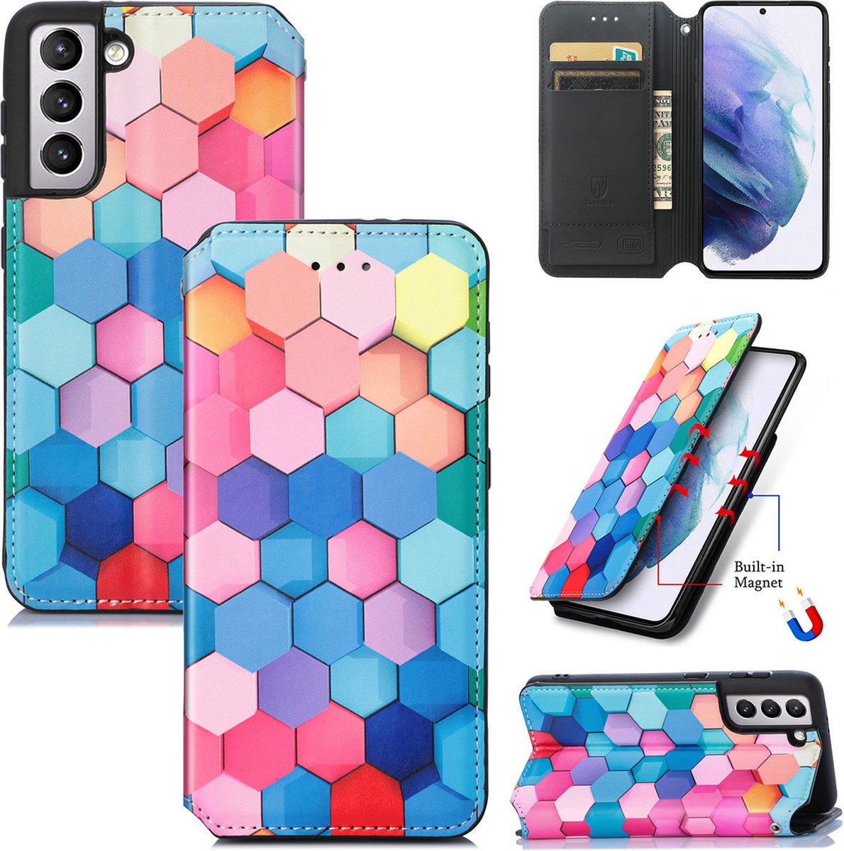 Luxe PU Lederen Wallet Case met Magneetsluiting voor Galaxy S21 Plus 5G _ kleurrijke Honingraat