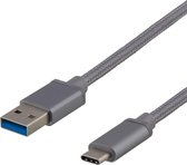 Deltaco USBC-1160 USB-C Data- en oplaadkabel - stoffen gevlochten USB-A naar USB-C kabel - Oplaadsnoer telefoon, tablet - USB 3.1 - max. 30W - Space grey - Grijs - 2 meter