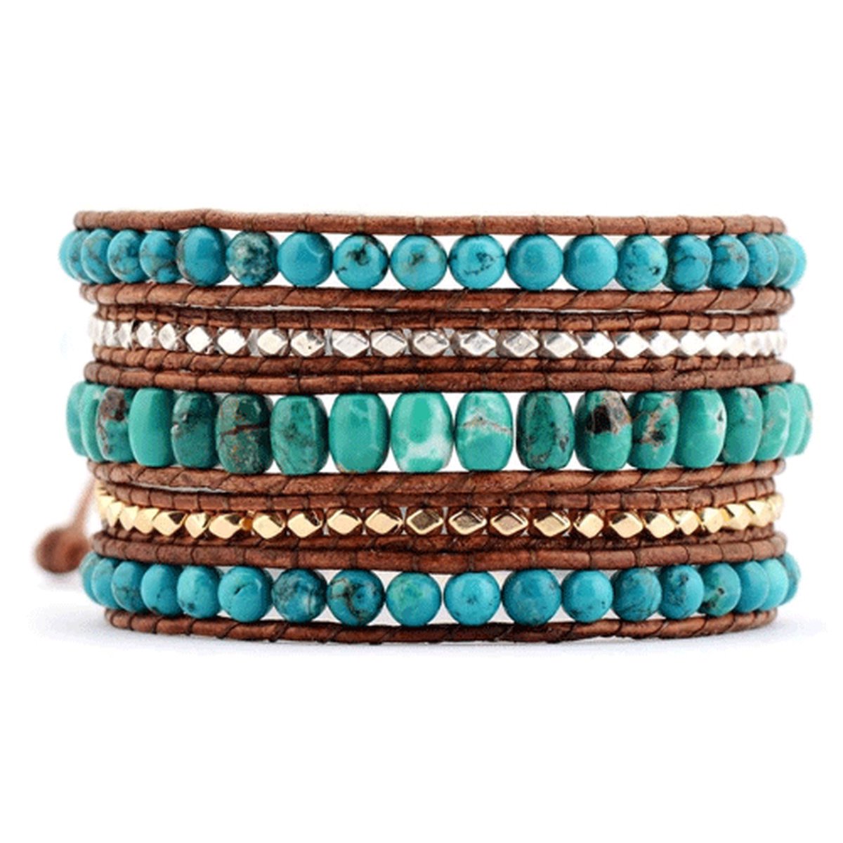 Marama - Wikkelarmband Turquoise Waves – Ibiza Style – Handgemaakt – Leer en Natuursteen