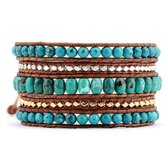 Marama - wikkelarmband Turquoise Waves - bruin leer - half-edelstenen - 3 sluitingen - 83 cm - cadeautje voor haar