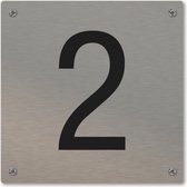 Huisnummerbord - huisnummer 2 - voordeur - 12 x 12 cm - rvs look - schroeven - naambordje nummerbord