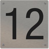 Huisnummerbord - huisnummer 12 - voordeur - 12 x 12 cm - rvs look - schroeven - naambordje nummerbord