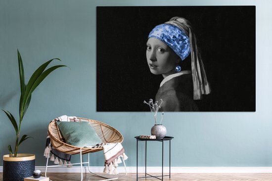 Tableau sur toile Fille à la boucle d'oreille en perle - Vermeer - Blauw - 150x100 cm - Décoration murale