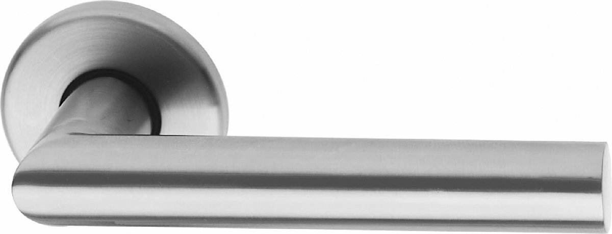 RVS geborstelde deurklink op rond rozet - type Alba Promo strak recht - per paar - merk Entra E&A