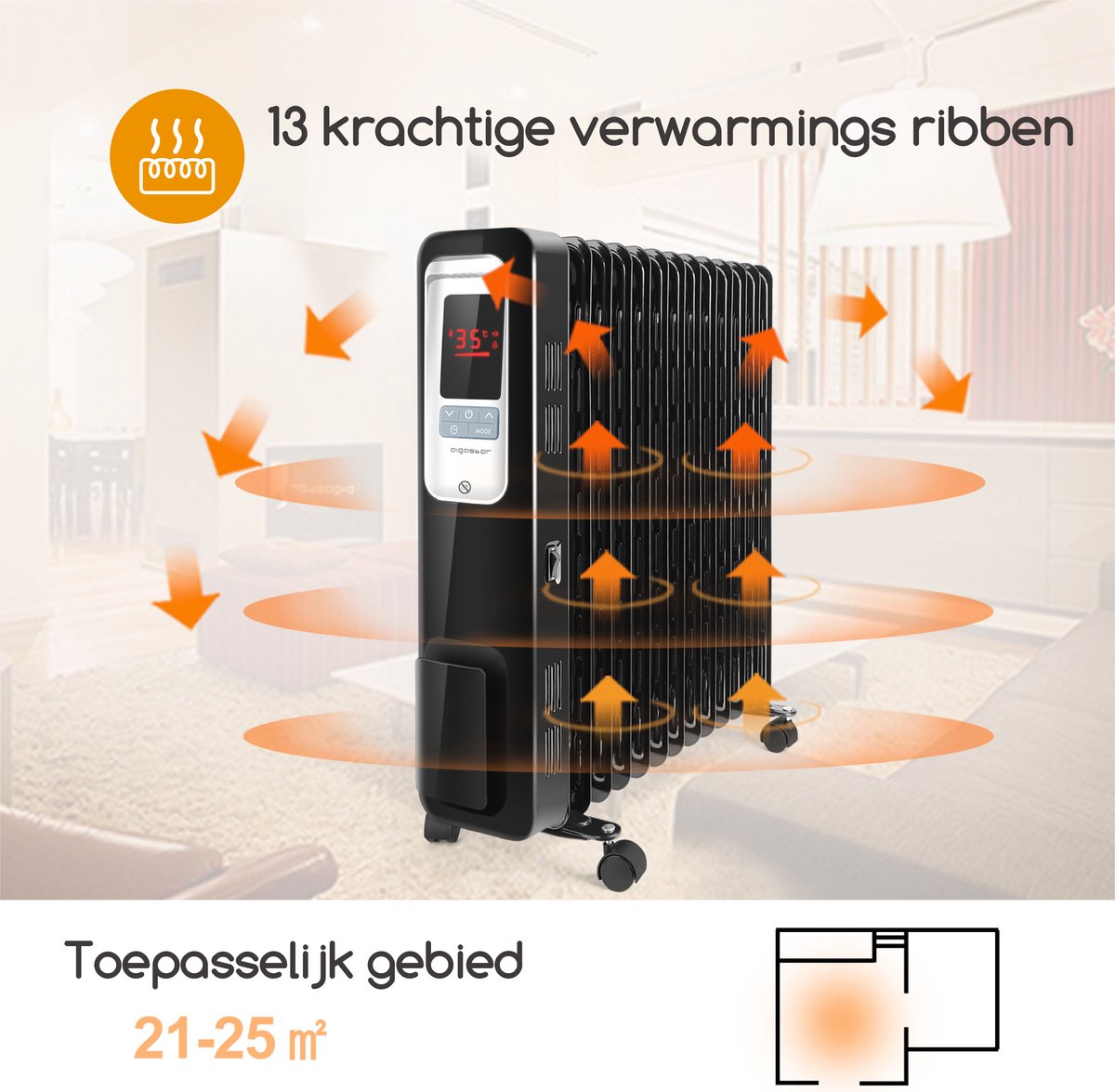 Aigostar Oil Monster – Olieradiator - Elektrische kachel - 2500W Heater - Oliegevulde radiator - Timer - 3 Standen - Zwart – foto 5