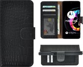 Motorola Moto Edge 20 Lite Hoesje - Bookcase - Portemonnee Hoes Echt leer Wallet case Croco Zwart