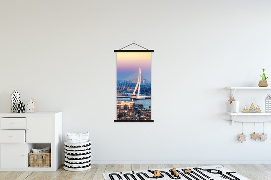 Porte-affiche avec affiche 60x120 cm - Affiche scolaire - Rotterdam - Skyline - Coucher de soleil - Affiche textile - Lattes noires
