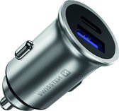 Swissten Autolader - 2 poorten - Snellader - 36W - USB 3.0 Quick Charge & USB-C - Zilver - Duurzame verpakking