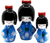 Kokeshi Doll - Japanse Houten Poppen - Blauw - Set van 3 Kimmidolls - Geluksbrenger