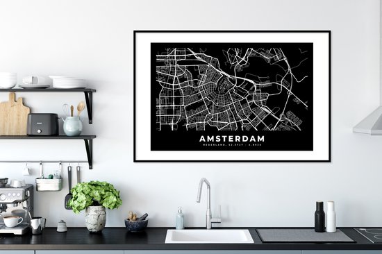 Cadre photo avec affiche - Amsterdam - Carte - Zwart - 120x80 cm - Cadre pour affiche