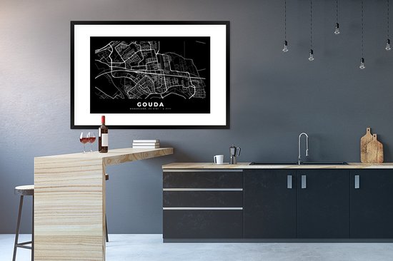 Affiche avec cadre Carte - Gouda - Zwart - 120x80 cm