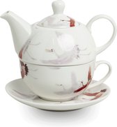 Bol.com Tea for one theepot koffiepot 400 ml met kop en schotel kraanvogel in mooie cadeau verpakking. cadeau voor vriendin. aanbieding