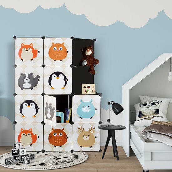 kinderkamer kast met diermotieven - kunststof - steeksysteem - deuren - kledingkast - roede - kleurrijk