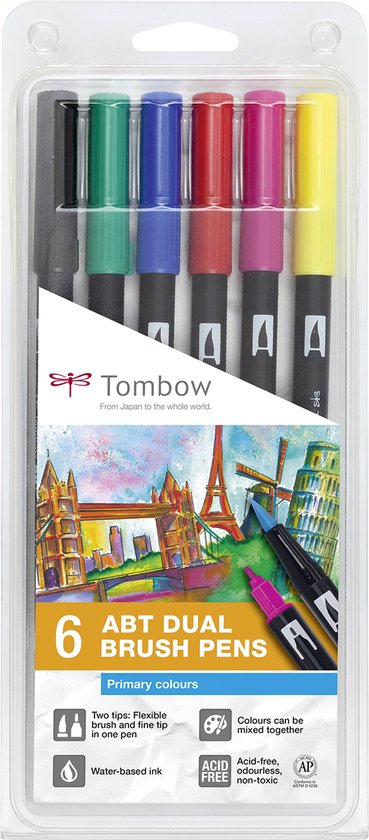 Tombow ABT Dual Brush tekenpennen - Primaire kleuren - Set van 6