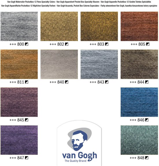 Overzicht van 12 Van Gogh Specialty Colours metallic waterverf kleuren.
