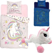 Unicorn dekbedovertrek- 1 persoons 140x200- katoen- Glow in the Dark !  incl. mega Pluche Unicorn 65 cm