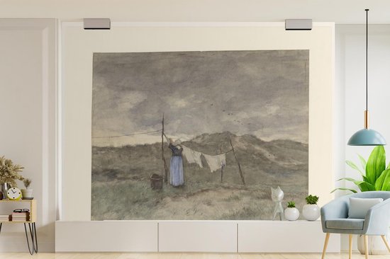 Behang - Fotobehang Vrouw bij een waslijn in de duinen - Schilderij van Anton Mauve - Breedte 305 cm x hoogte 220 cm - Nr1Wallpaper