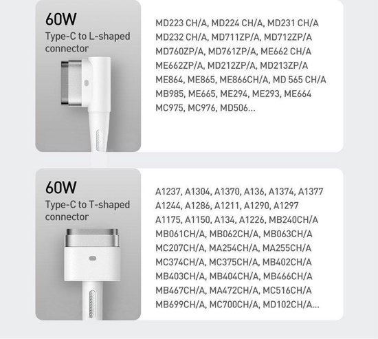 Baseus Câble USB-C vers MagSafe 2 Macbook Puissance 60W 2m Blanc