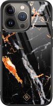 iPhone 13 Pro hoesje glass - Marmer zwart oranje | Apple iPhone 13 Pro  case | Hardcase backcover zwart