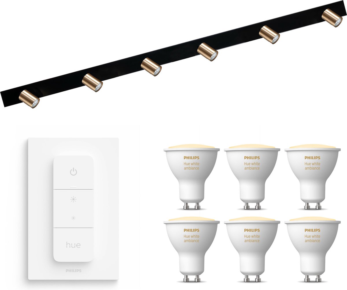 Masterlight Bounce Opbouwspot met Philips Hue White Ambiance GU10 & Dimmer Switch - Spotjes Opbouw - 6 Lichtpunten - Bluetooth - Zwart Messing
