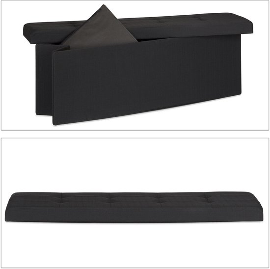relaxdays Banc pliable + rangement - Banc en lin - Banc gris ou marron - 114x38x38 cm noir