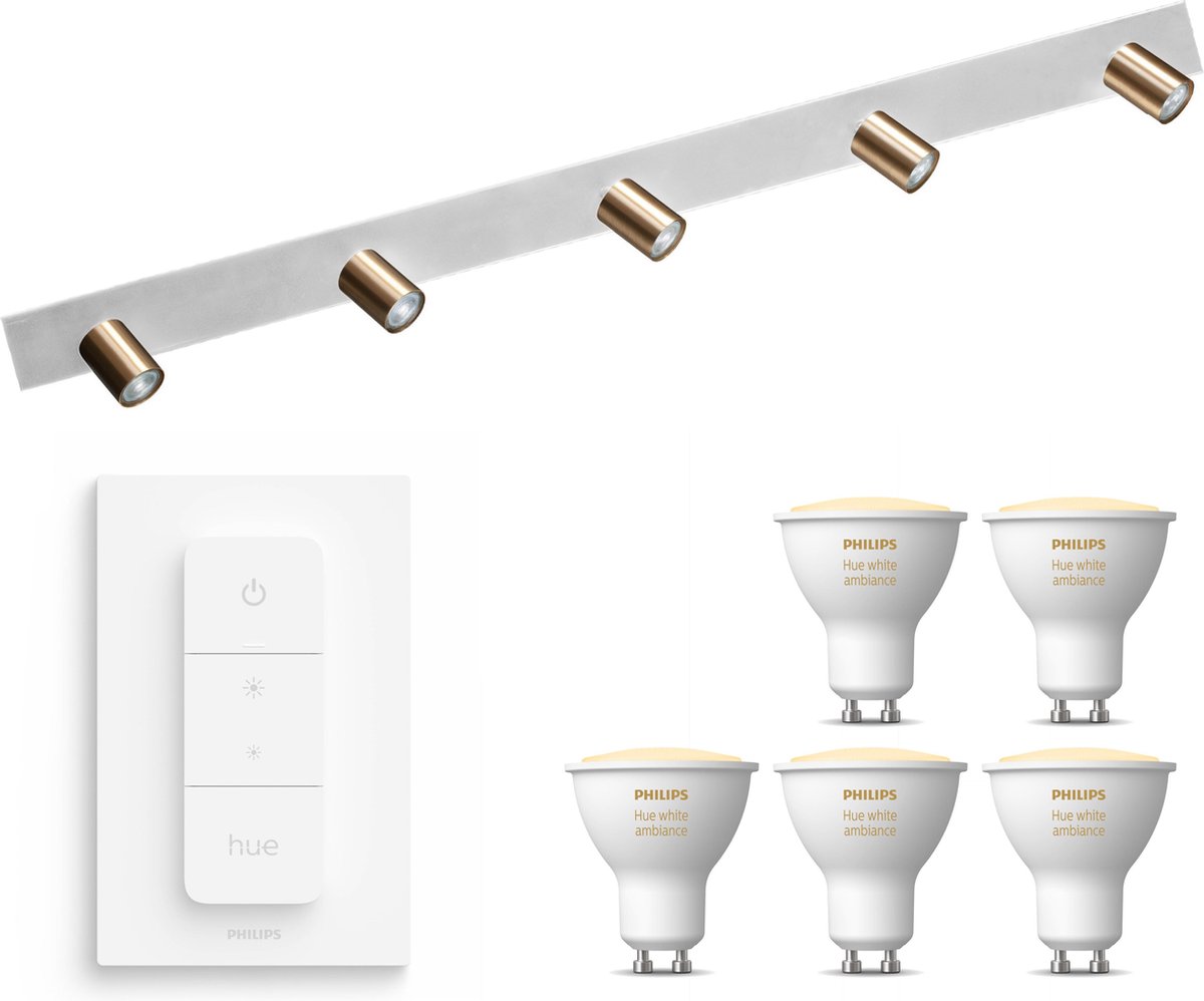 Masterlight Bounce Opbouwspot met Philips Hue White Ambiance GU10 & Dimmer Switch - Spotjes Opbouw - 5 Lichtpunten - Bluetooth - Wit Messing