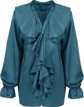 Satijnen Blouse met V-hals - Blouse met Volanten - Trompetmouwen - Petrol