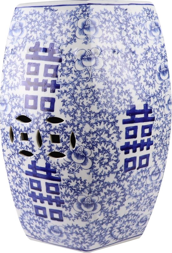 Fine Asianliving Tabouret En Céramique Blauw Wit Peint À La Main Chinois Double Happiness D33xH45cm Meubles Chinois Armoire Orientale