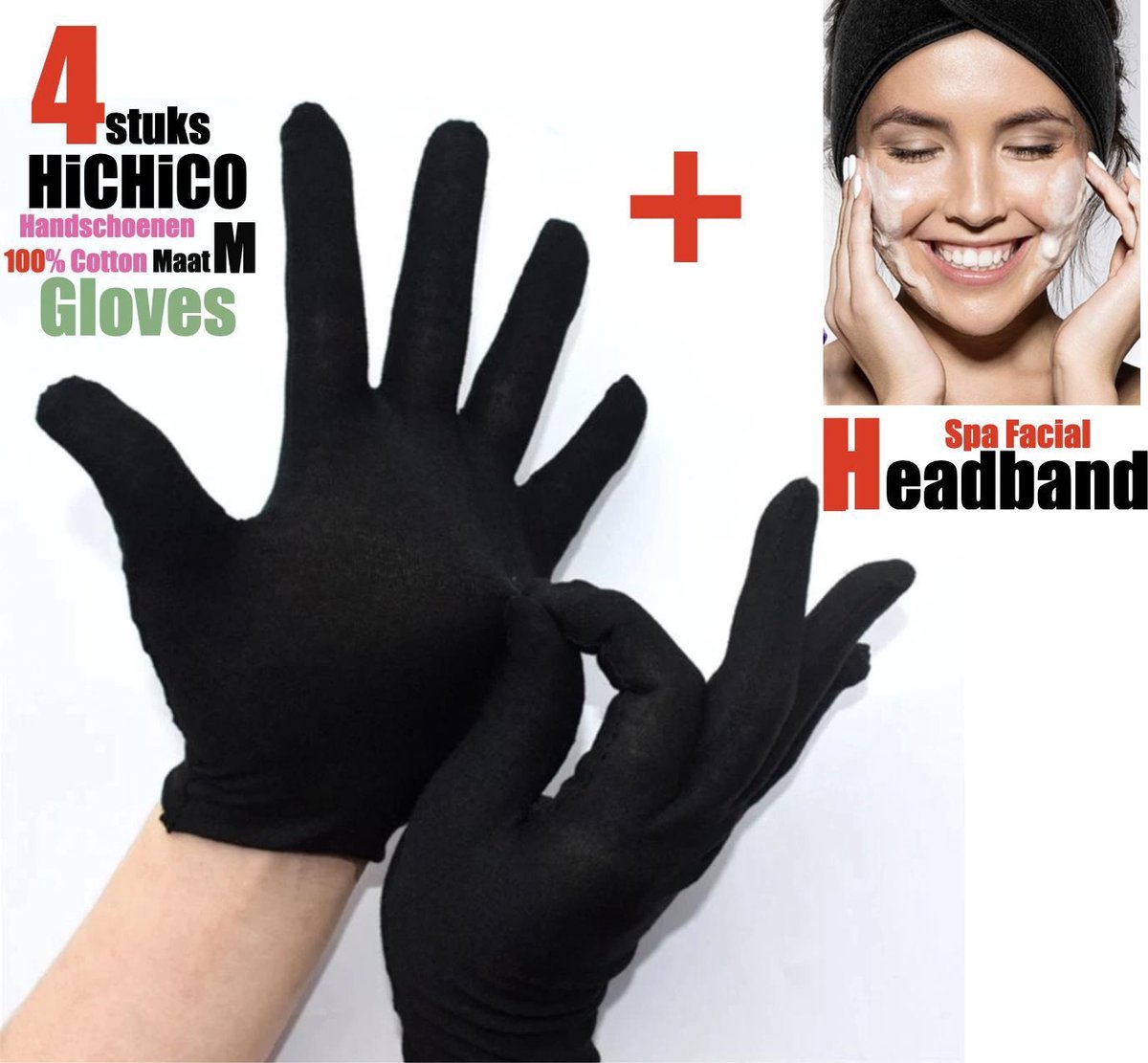 4 Stuks katoenen Handschoen Maat M + 1x Haarbanden Met Magische Tape – 4Pcs Black Gloves 2 Pairs Soft Cotton Gloves Coin Jewelry Silver Inspection Gloves Stretchable Lining Glove / Headband - Gloves 100% Cotton Size M