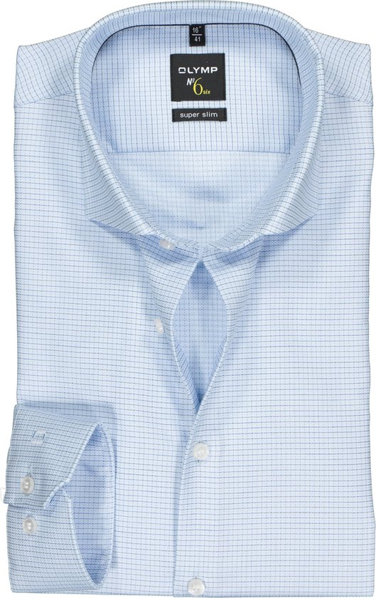 OLYMP No. Six super slim fit overhemd - mouwlengte 7 - lichtblauw geruit - Strijkvriendelijk - Boordmaat: 42