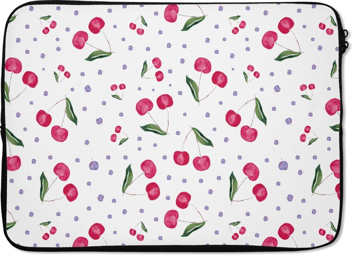 Laptophoes 14 inch - Kersen - Fruit - Wit - Laptop sleeve - Binnenmaat 33x23 cm - Zwarte achterkant