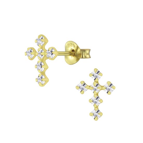 Joy|S - Zilveren kruis oorbellen - 7 x 10 mm - kristal - 14k goudplating
