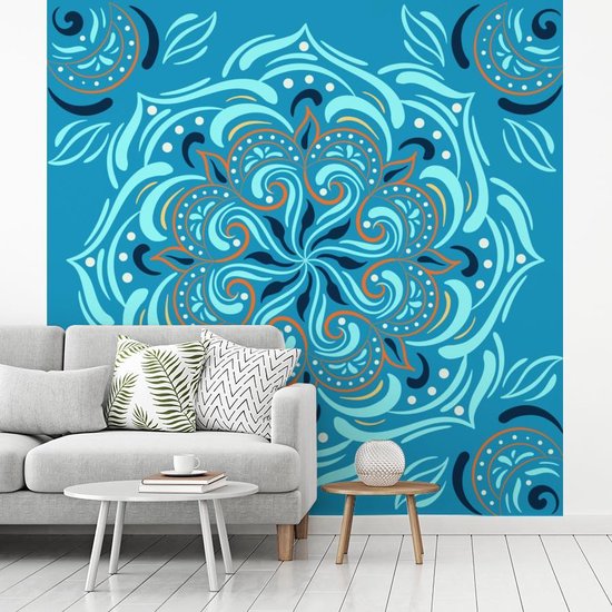 Motif carré avec un mandala détaillé sur fond bleu 260x260 cm