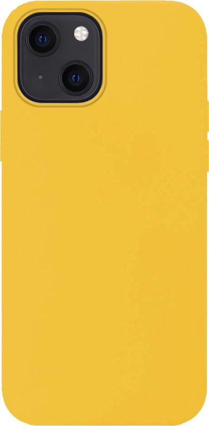 Coque jaune en silicone pour iPhone 13, avec découpe pour double appareil photo.