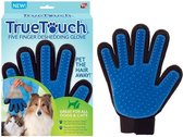 True Touch - Vachtverzorgingshandschoen - Dierenborstel - handschoen voor losse haren - honden en katten - blauw rechts