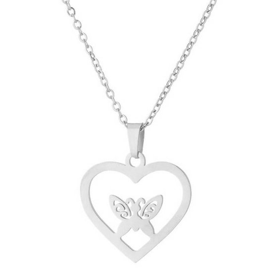 Fako Bijoux® - Ketting Met Hanger - Stainless Steel - RVS - Staal - Hart Met Poes / Kat - Zilverkleurig