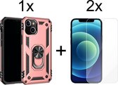 iPhone 13 hoesje Kickstand Ring shock proof case rose met zwarte randen armor apple magneet - 2x iPhone 13 Screenprotector