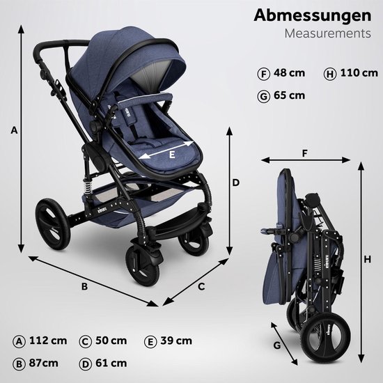 KIDUKU- 3 in 1 combi-kinderwagen- blauw/zwart- buggy incl. autostoeltje-regenhoes- inklapbaar van KIDUKU — afbeelding 2