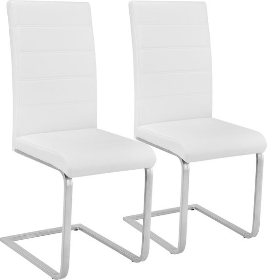 tectake® - Eetkamerstoel set van 2 - Kunstleren stoel met ergonomische rugleuning - Buisframe sledestoel - wit