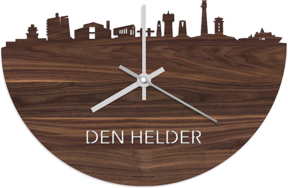 Skyline Klok Den Helder Notenhout - Ø 40 cm - Stil uurwerk - Wanddecoratie - Meer steden beschikbaar - Woonkamer idee - Woondecoratie - City Art - Steden kunst - Cadeau voor hem - Cadeau voor haar - Jubileum - Trouwerij - Housewarming -