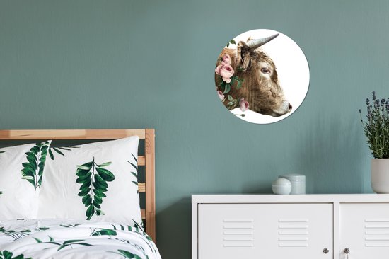 Cercle mural - Plastique - Highlander écossais - Fleurs - Animaux - Rose - ⌀ 30 cm - Chambre déco