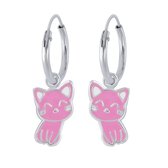 Joy|S - Zilveren kat poes bedel oorbellen - roze - oorringen