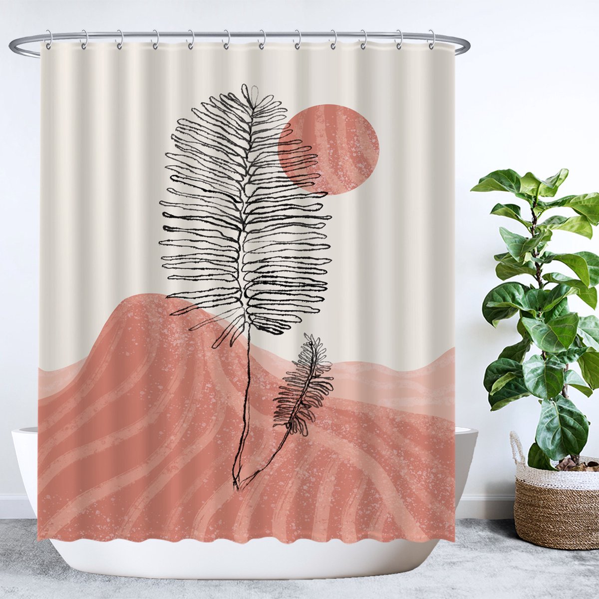 Ulticool Douchegordijn - Zon Roze Berg Plant Abstract Boho Bohemian - 180 x 200 cm - semi Transparant - met 12 Ringen Wit - anti Schimmel - Roze Zwart Creme