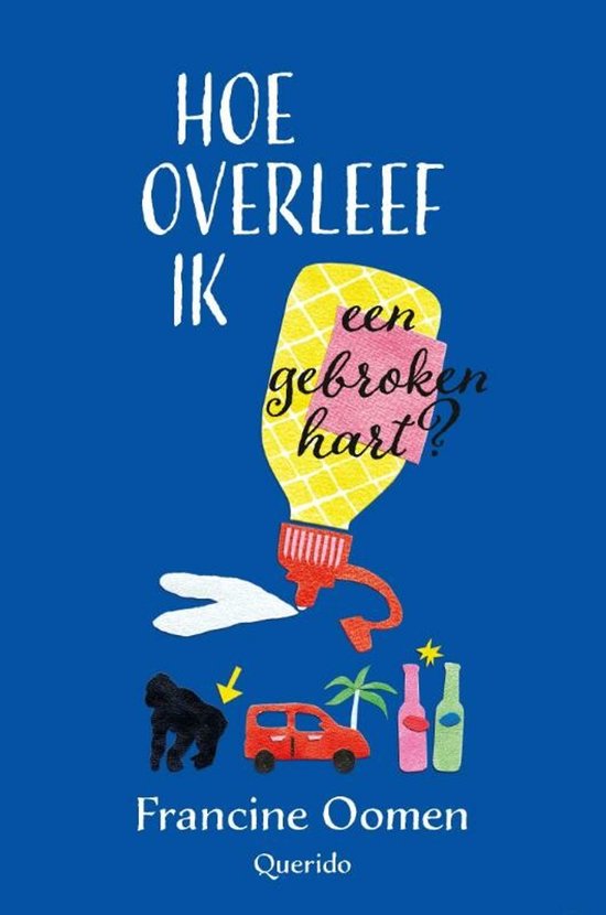 Hoe overleef ik een gebroken hart? met een gele mosterdfles, auto, flesjes en een aap.